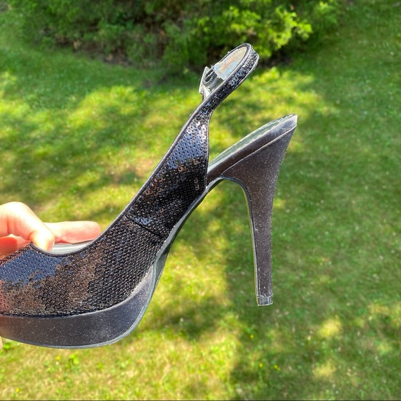 NEW nwt Rampage Black Sequin Heels 9.5 Peep Open Toe Platform glitter sparkle - Picture 7 of 9